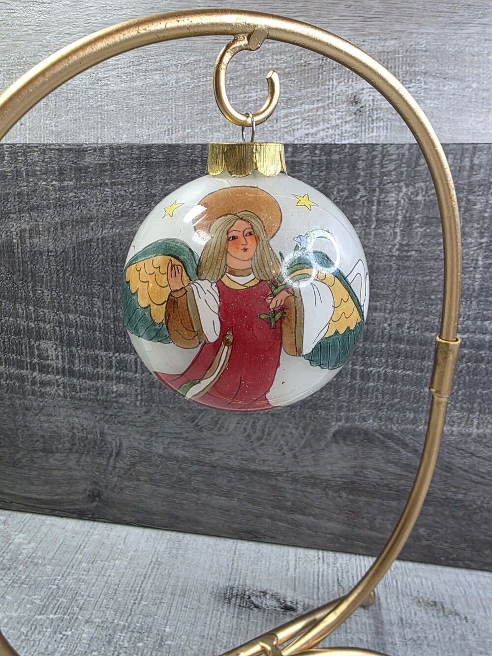 Angel Star Handpainted Glass Christmas Ball 3" Ornament Vtg 40b1